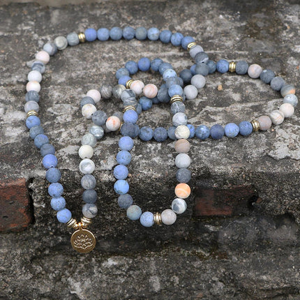 Bracelet mala en Jaspe Picasso naturel et pierre bleue, composé de 108 perles