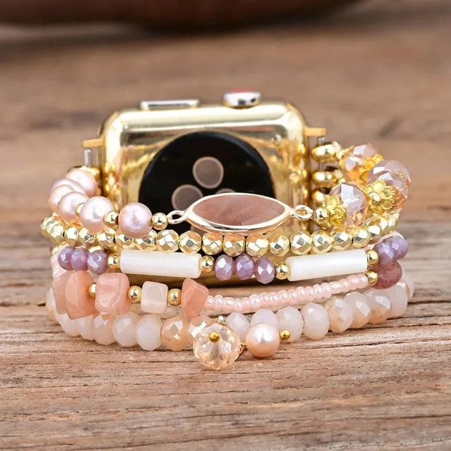 Bracelet Apple Watch en aventurine rose naturelle et perle