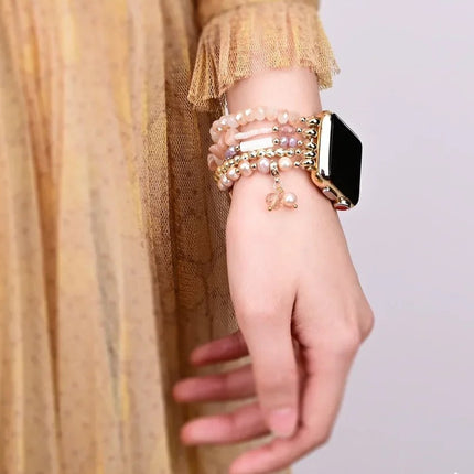 Bracelet Apple Watch en aventurine rose naturelle et perle