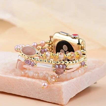 Bracelet Apple Watch en aventurine rose naturelle et perle