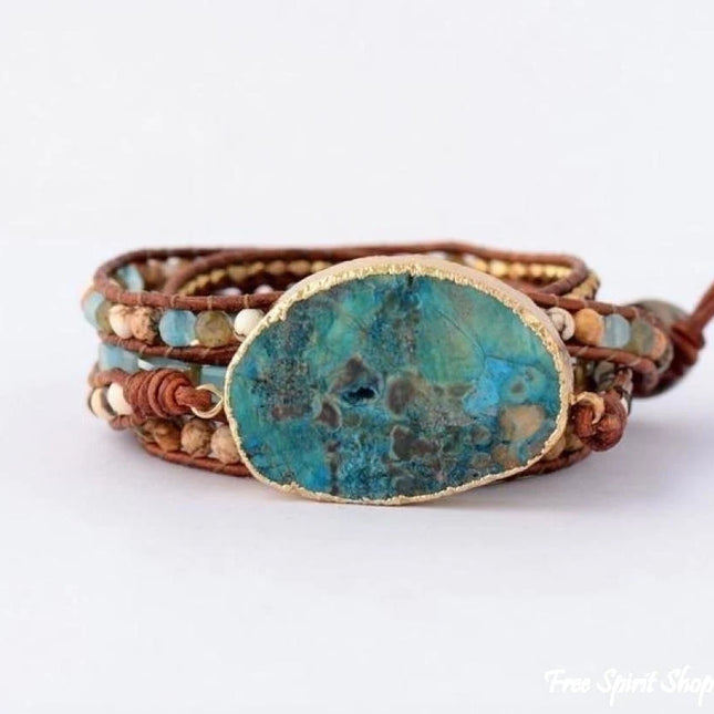 Bracelet en cuir et jaspe océan naturel