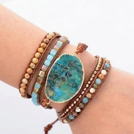 Bracelet en cuir et jaspe océan naturel