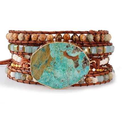 Bracelet en cuir et jaspe océan naturel