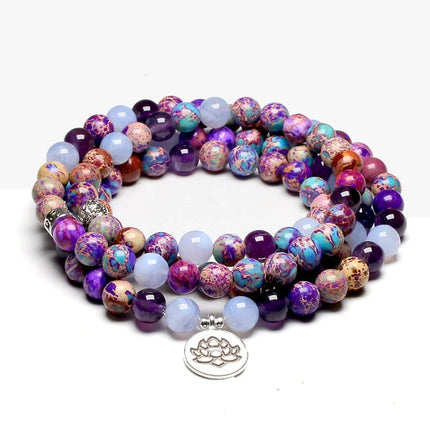 Bracelet mala de 108 perles en jaspe violet et amethyste