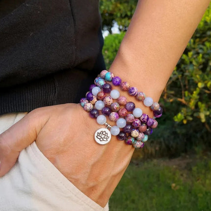 Bracelet mala de 108 perles en jaspe violet et amethyste