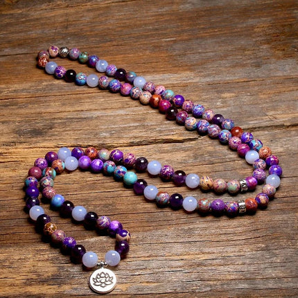 Bracelet mala de 108 perles en jaspe violet et amethyste