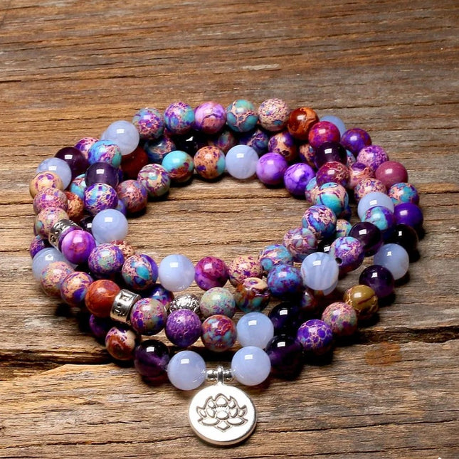 Bracelet mala de 108 perles en jaspe violet et amethyste