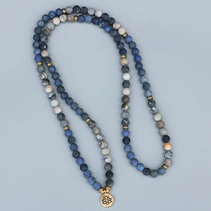 Bracelet mala en Jaspe Picasso naturel et pierre bleue, composé de 108 perles