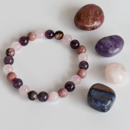"Anti-Stress" Armband Amethyst, Rosenquarz und Bergkristall 8mm