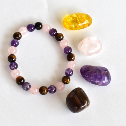 "Anti-Stress" Armband Amethyst, Rosenquarz und Bergkristall 8mm