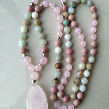Collier mala en amazonite naturelle, quartz rose et rhodonite (108 pièces)