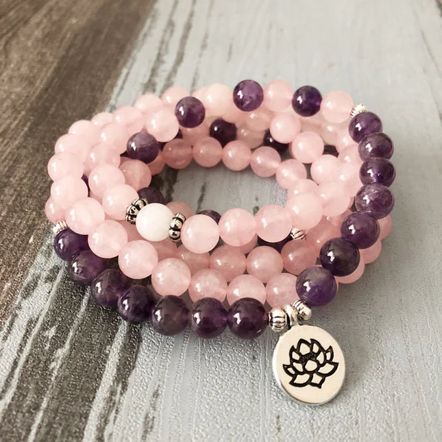 Mala de 108 perles en quartz rose et améthyste naturels