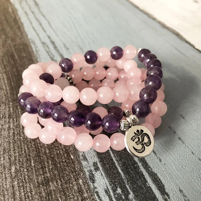 Mala de 108 perles en quartz rose et améthyste naturels